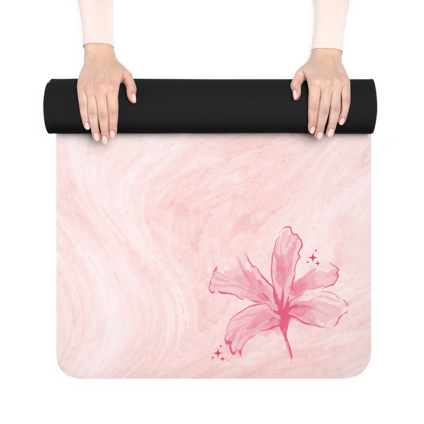 Pink Marble Floral Yoga Mat — Non-Slip Rubber Pilates Mat