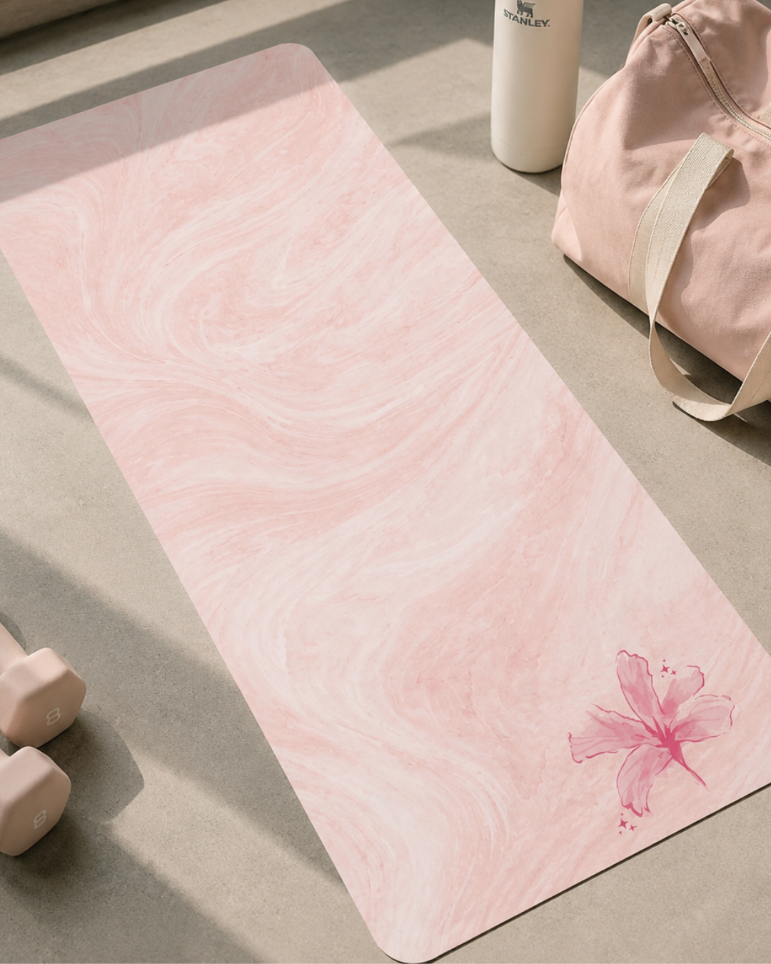 Pink Marble Floral Yoga Mat  Non-Slip Rubber Pilates Mat